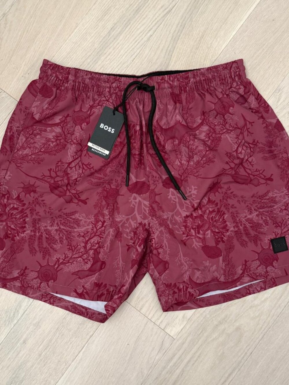 BOSS Hugo Boss Mens Reel Swim Shorts Pink Coral Print Size M NWT